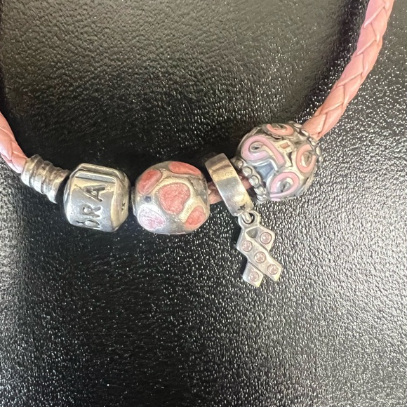 Pandora Pink Leather Braided Bracelet with Silver Beads - Picture 2 of 2